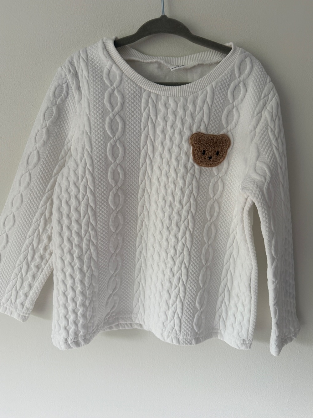 SHEIN White Cable Knit Sweater with Brown Bear Patch